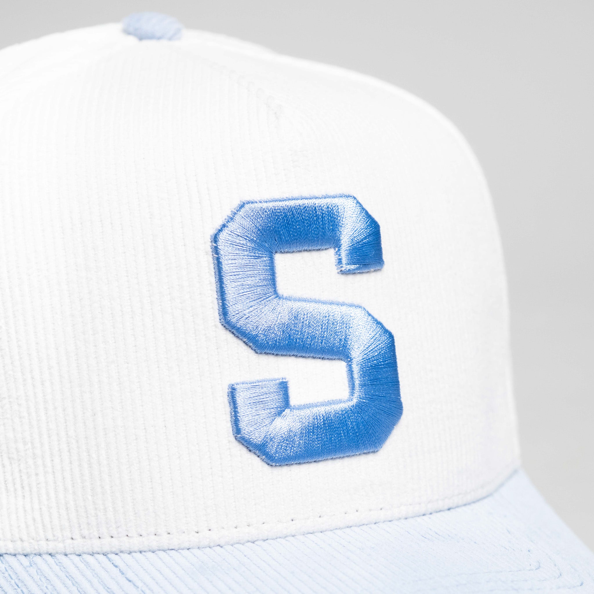 Samoa Hat White and Powder Blue Corduroy S Snapback - Front Detail