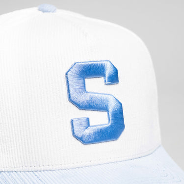 Samoa Hat White and Powder Blue Corduroy S Snapback - Front Detail