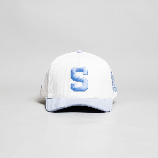 Samoa Hat White and Powder Blue Corduroy S Snapback - Front Panel