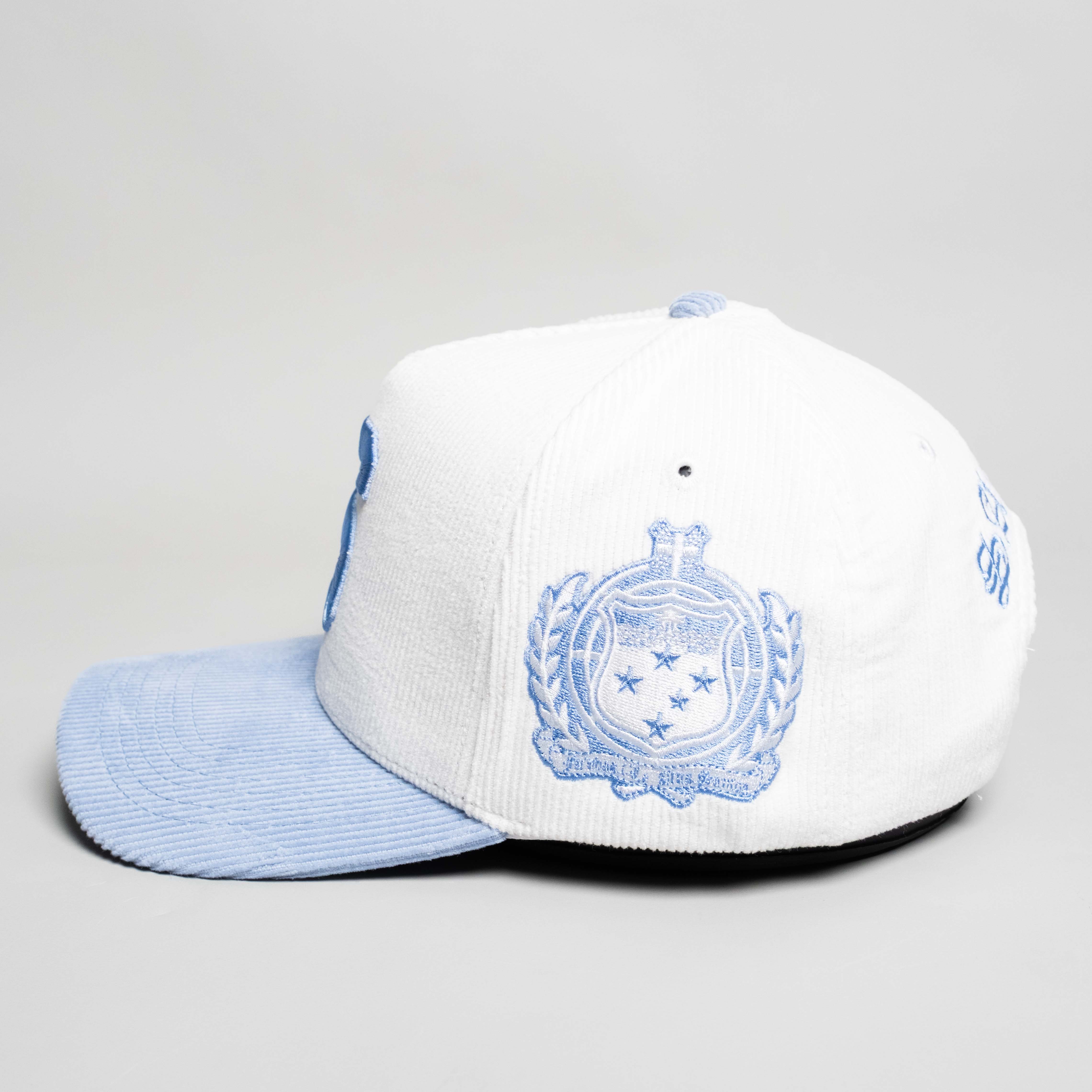 Samoa Hat White and Powder Blue Corduroy S Snapback - Side Crest