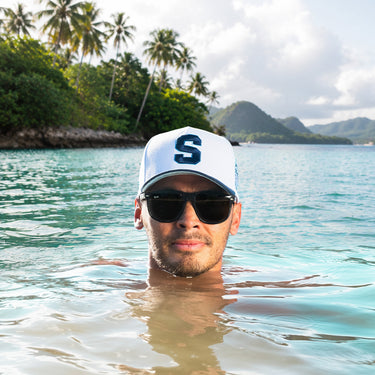 Samoa Hat White Navy Block S Snapback - On Model Lifestyle