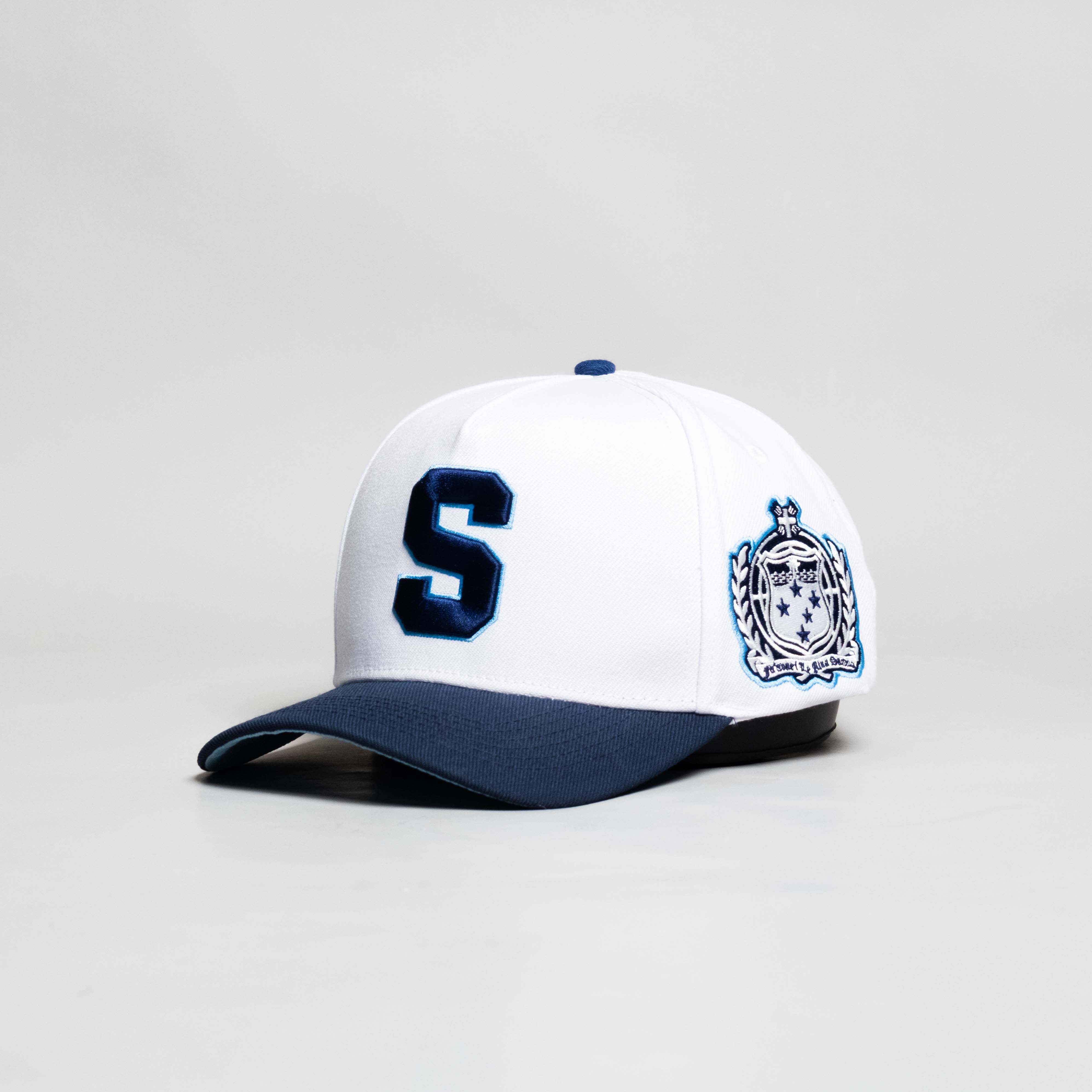 Samoa Hat White Navy Block S Snapback - Side Crest Angled View