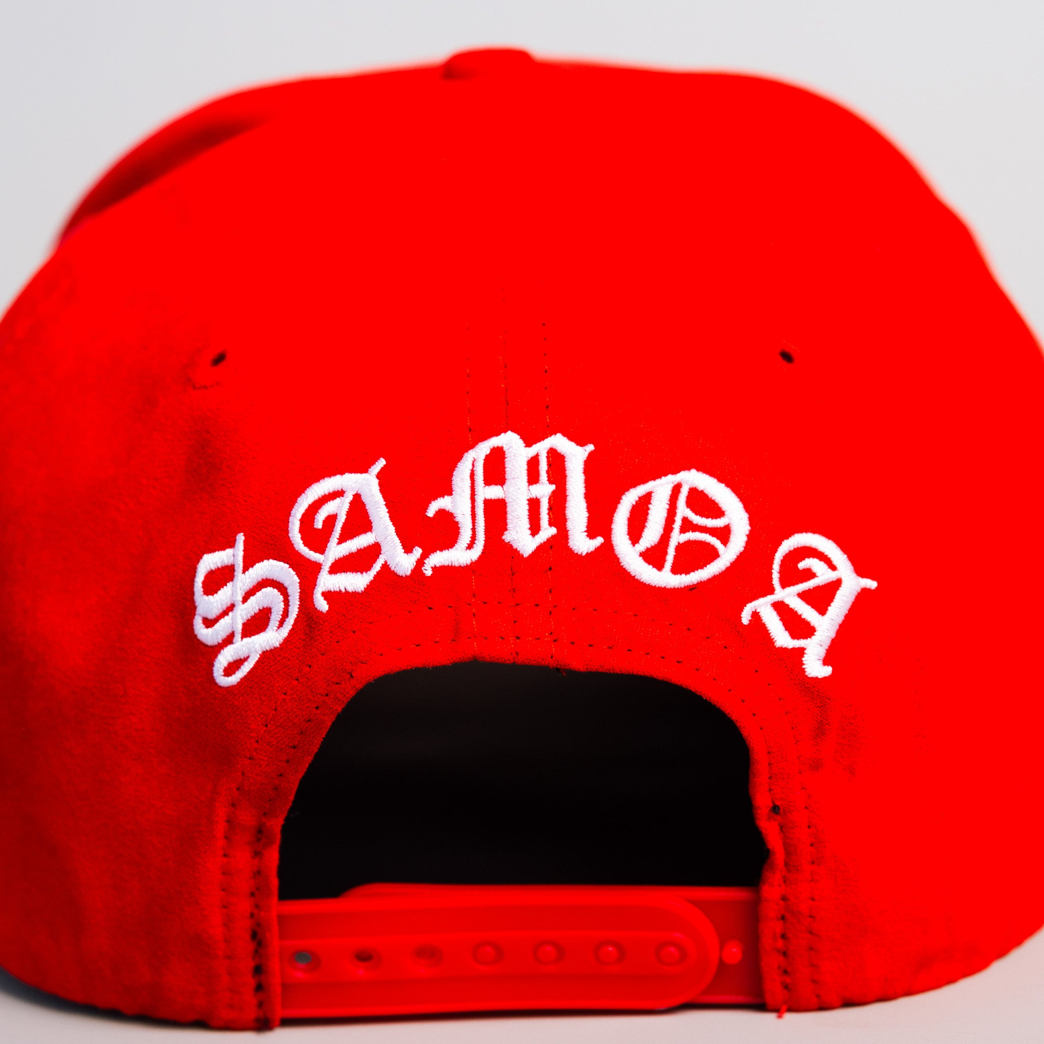 Samoa Red Suede Snapback Hat with White S Logo and Coat of Arms Patch - Back View