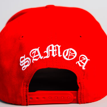 Samoa Red Suede Snapback Hat with White S Logo and Coat of Arms Patch - Back View