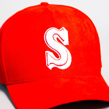Samoa Red Suede Snapback Hat with White S Logo and Coat of Arms Patch - Front Detail