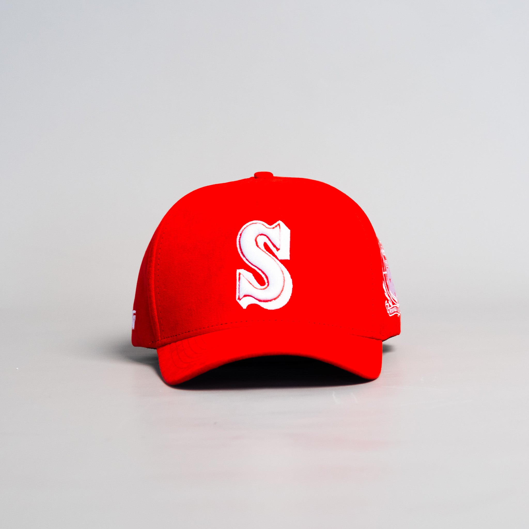 Samoa Red Suede Snapback Hat with White S Logo and Coat of Arms Patch - Front Panel