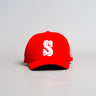 Samoa Red Suede Snapback Hat with White S Logo and Coat of Arms Patch - Front Panel