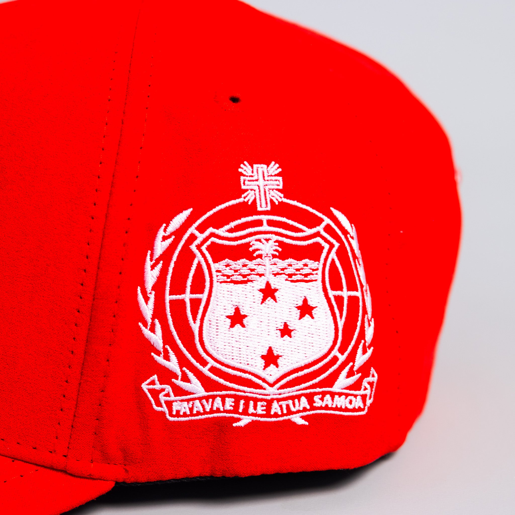 Samoa Red Suede Snapback Hat with White S Logo and Coat of Arms Patch - Side Patch Detail