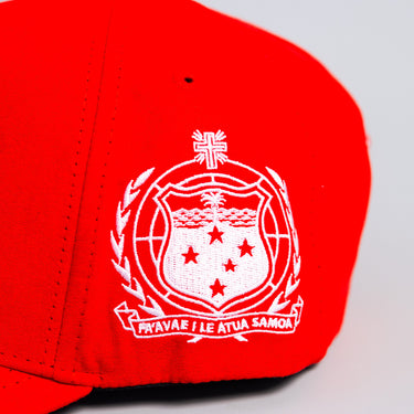 Samoa Red Suede Snapback Hat with White S Logo and Coat of Arms Patch - Side Patch Detail