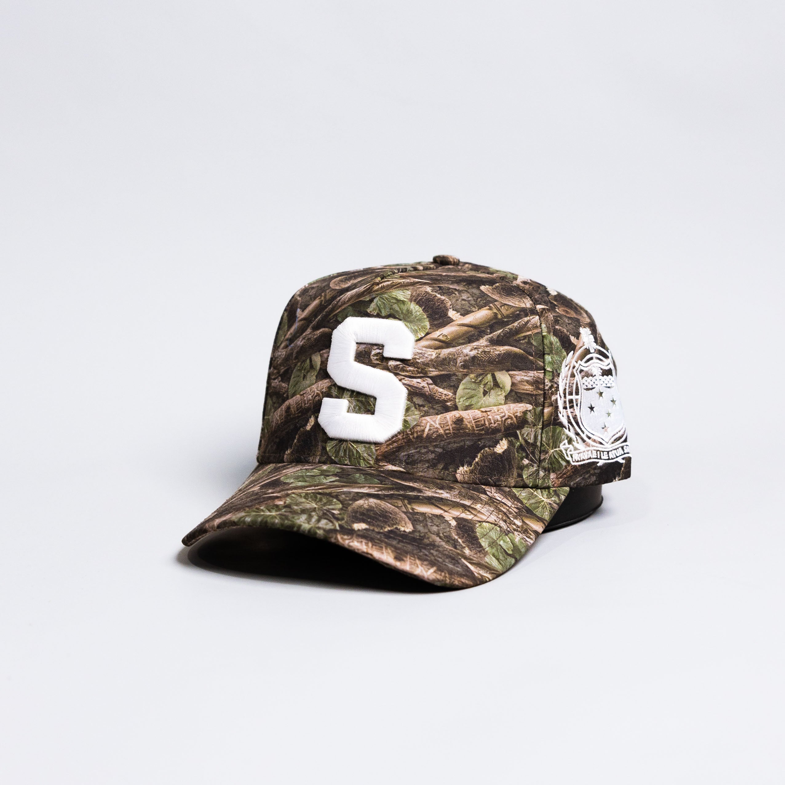 Samoa S Camo Hat Polynesian All-Camo White Logo Coat of Arms Snapback - Angled View