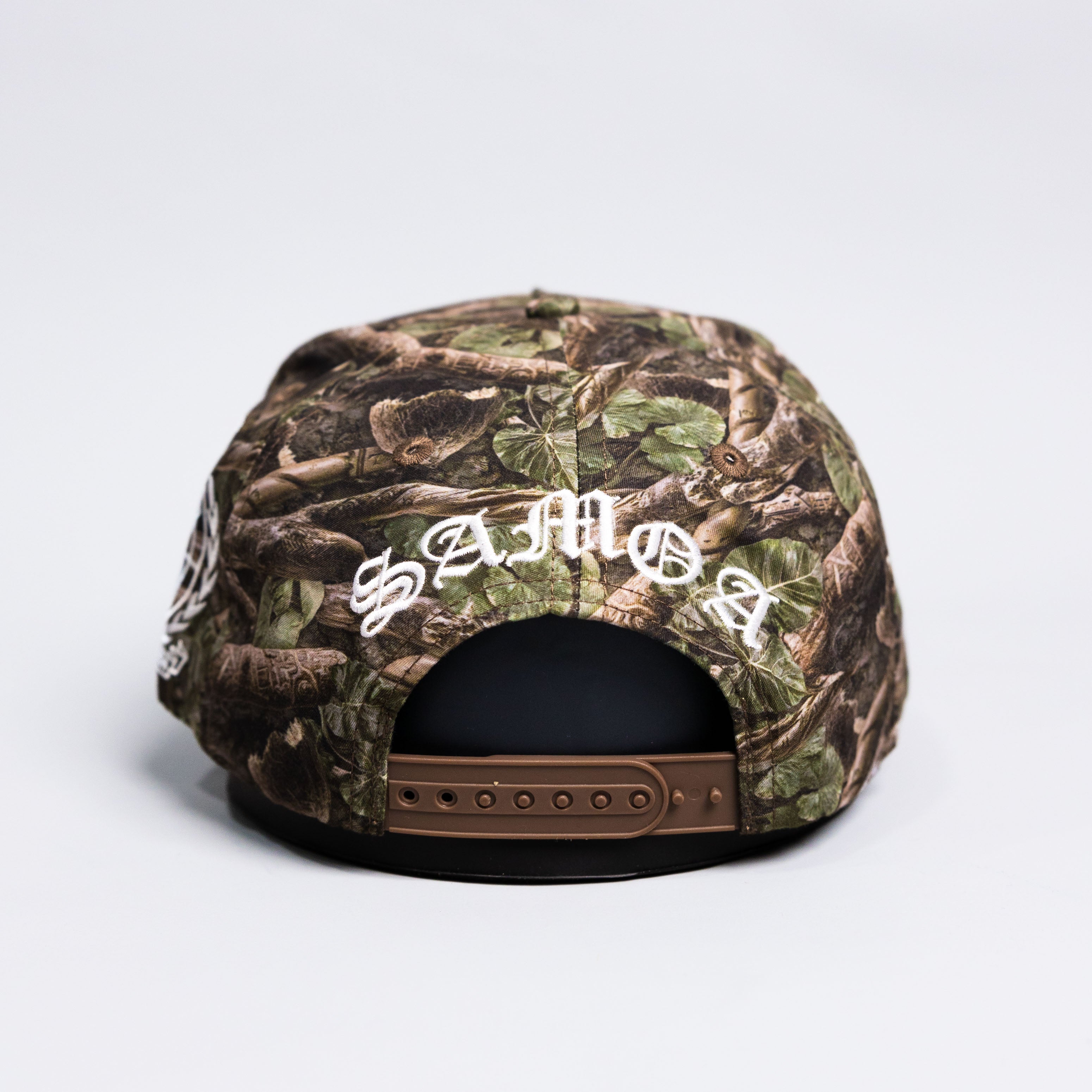Samoa S Camo Hat Polynesian All-Camo White Logo Coat of Arms Snapback - Back View
