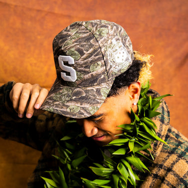 Samoa S Camo Hat Polynesian All-Camo White Logo Coat of Arms Snapback - On Model Lifestyle