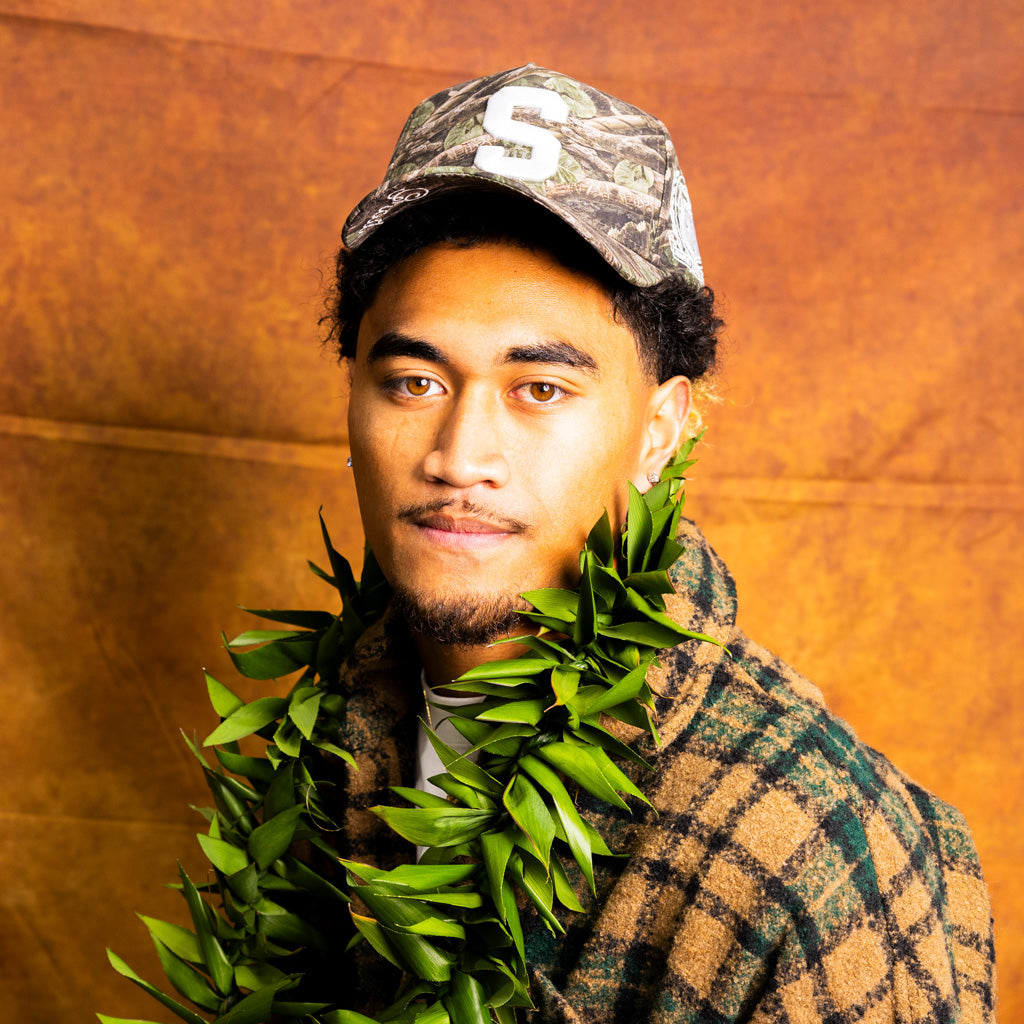 Samoa S Camo Hat Polynesian All-Camo White Logo Coat of Arms Snapback - On Model Portrait Lifestyle