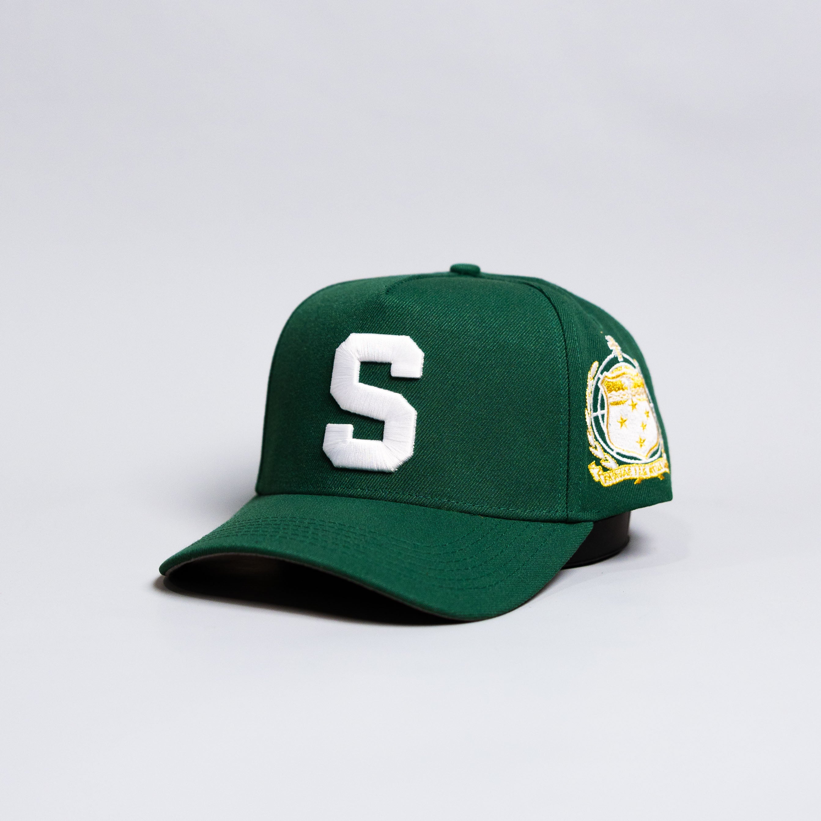 Samoa S Hat Green White Logo Gold Coat of Arms Patch Snapback - Angled View