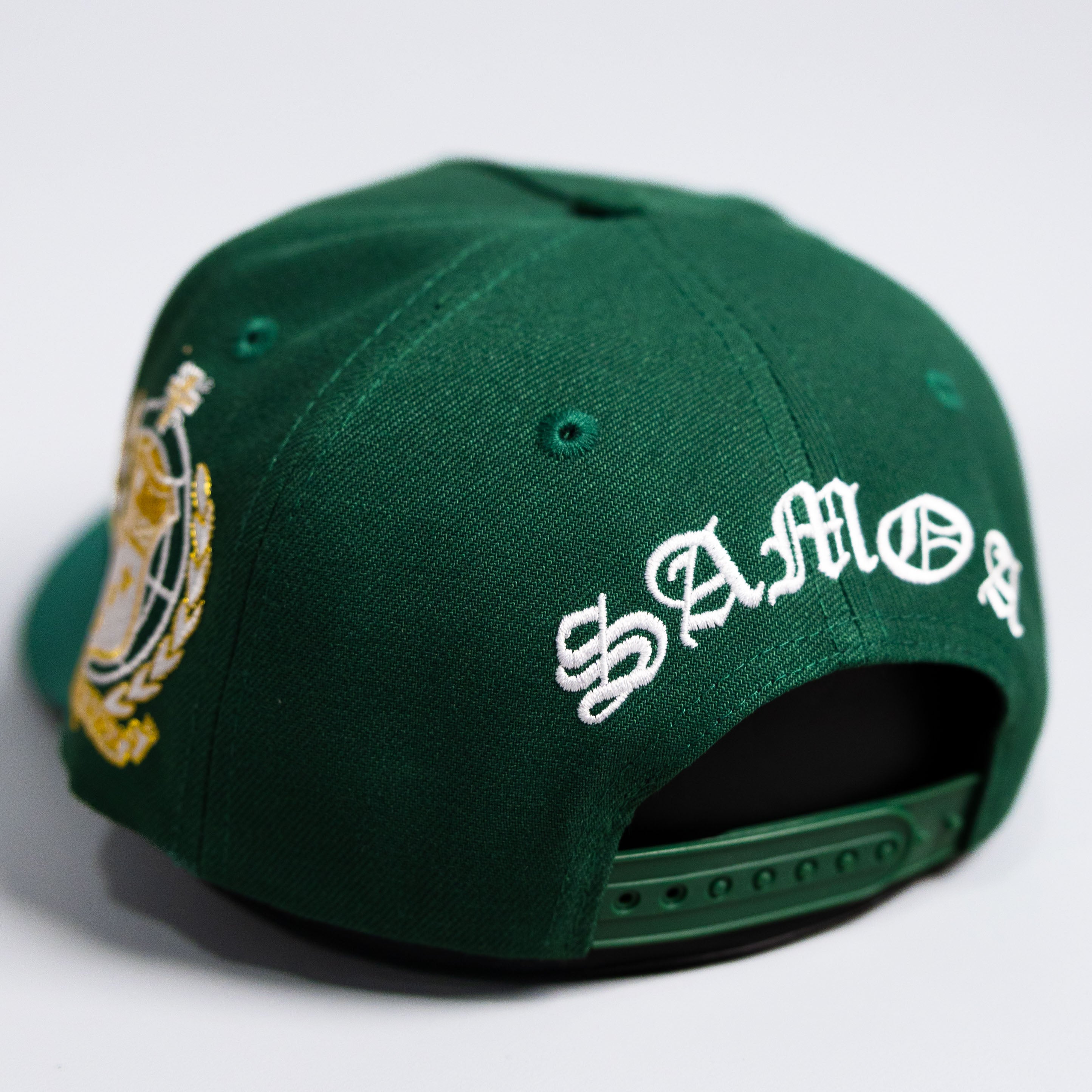 Samoa S Hat Green White Logo Gold Coat of Arms Patch Snapback - Back View
