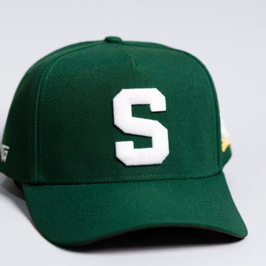 Samoa S Hat Green White Logo Gold Coat of Arms Patch Snapback - Front Detail
