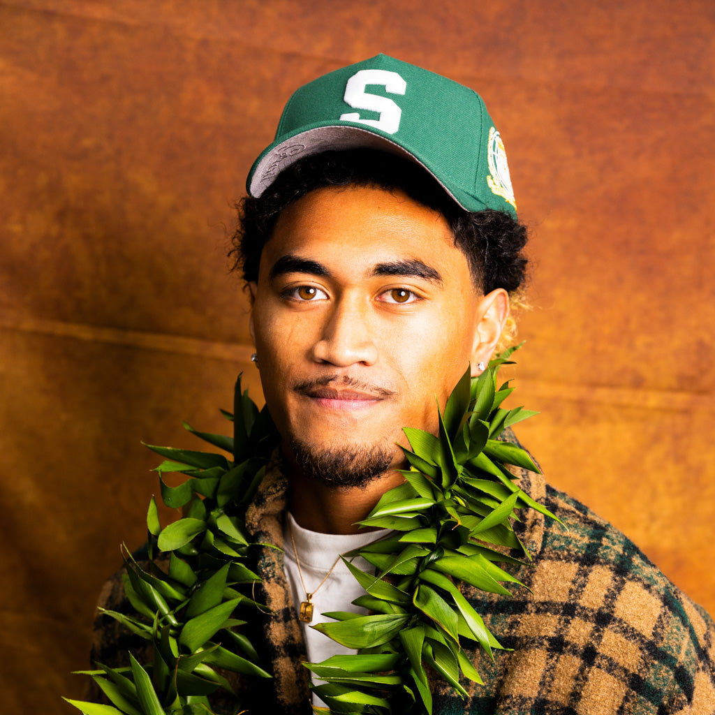 Samoa S Hat Green White Logo Gold Coat of Arms Patch Snapback - On Model Portrait Lifestyle