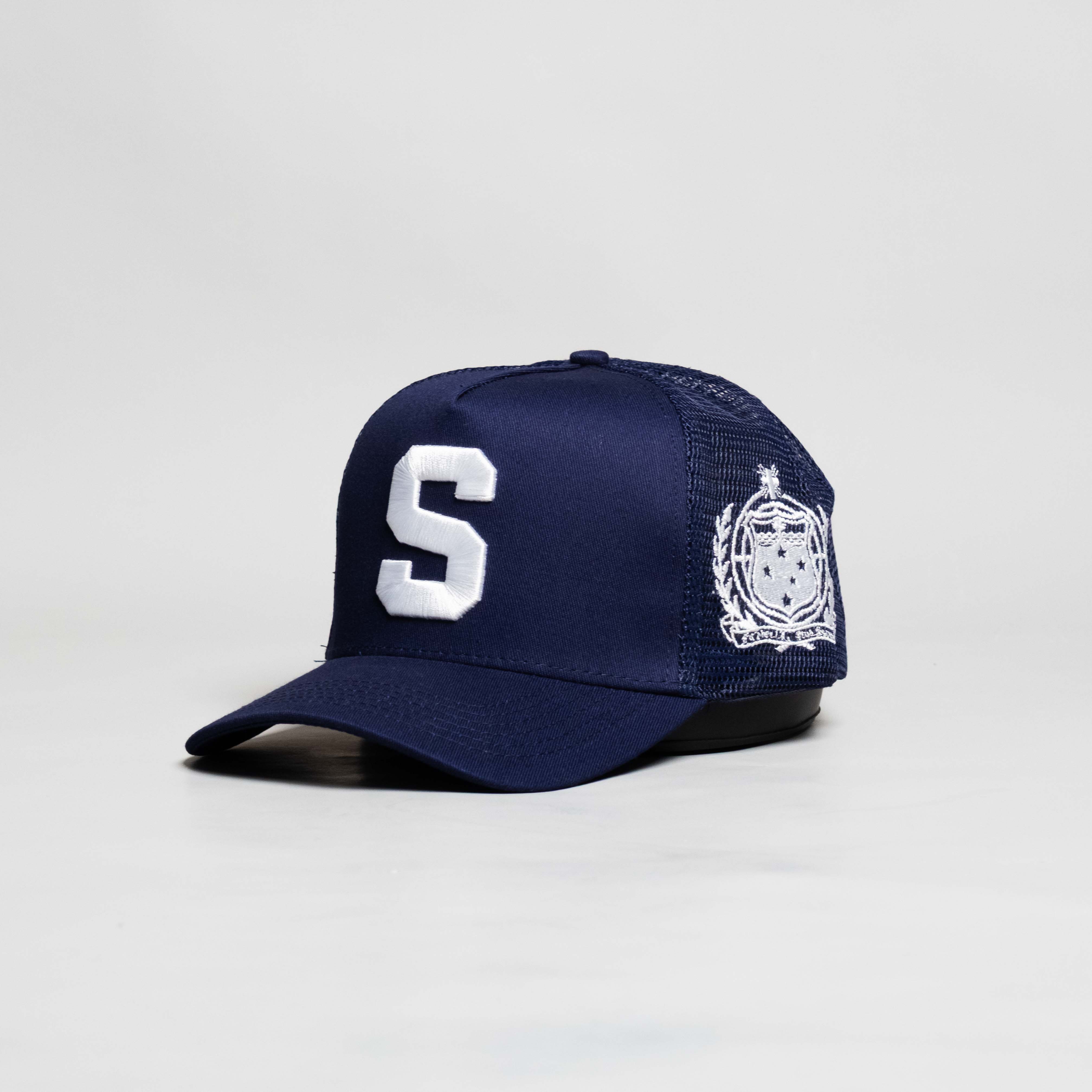 Samoa Trucker Hat Navy Mesh Snapback with S Logo - Angled View