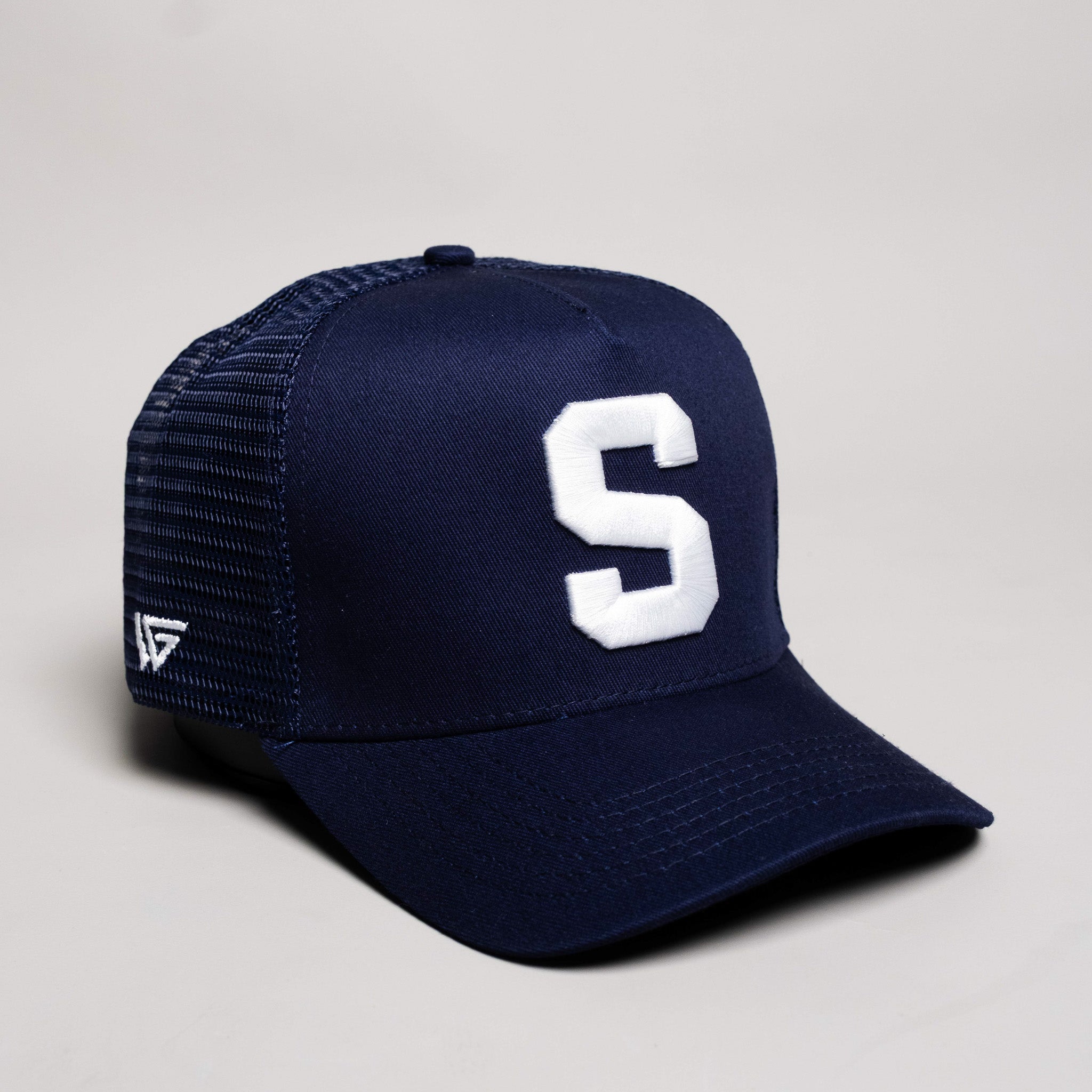 Samoa Trucker Hat Navy Mesh Snapback with S Logo - Front Detail