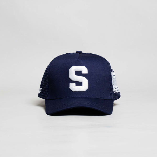 Samoa Trucker Hat Navy Mesh Snapback with S Logo - Front Panel