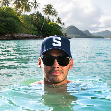 Samoa Trucker Hat Navy Mesh Snapback with S Logo - On Model Lifestyle