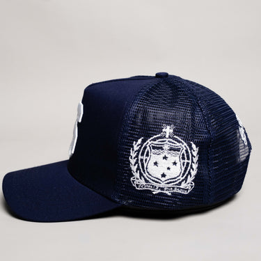 Samoa Trucker Hat Navy Mesh Snapback with S Logo - Side Crest