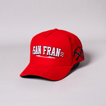 San Fran Hat Red Suede Snapback with Bridge Embroidery - Angled View