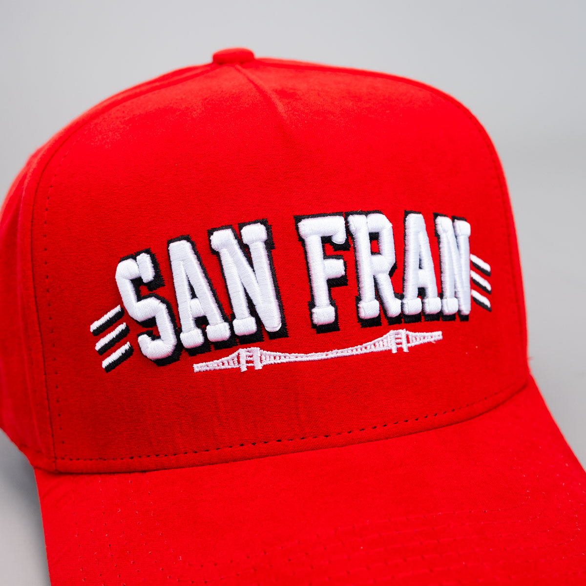San Fran Hat Red Suede Snapback with Bridge Embroidery - Front Detail