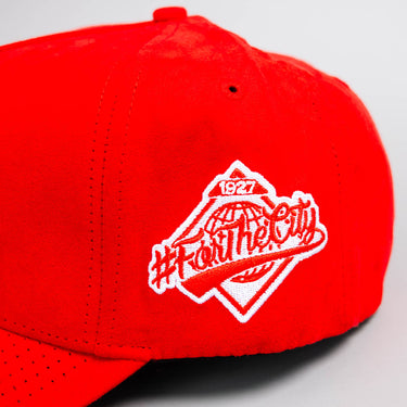 San Fran Hat Red Suede Snapback with Bridge Embroidery - Side Patch