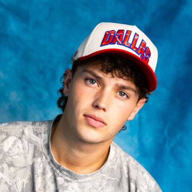 SMU Mustangs Dallas Hat White Red Brim Mustang Patch Snapback City SMU - On Model Lifestyle
