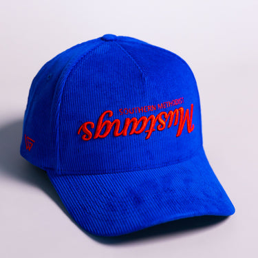 SMU Mustangs Flipped Hat Royal Blue Corduroy Upside Down Logo Snapback - Front Detail