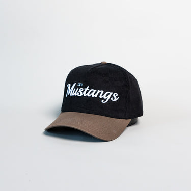 SMU Mustangs Hat Black Corduroy Brown Suede Brim Snapback Vintage Logo - Angled View