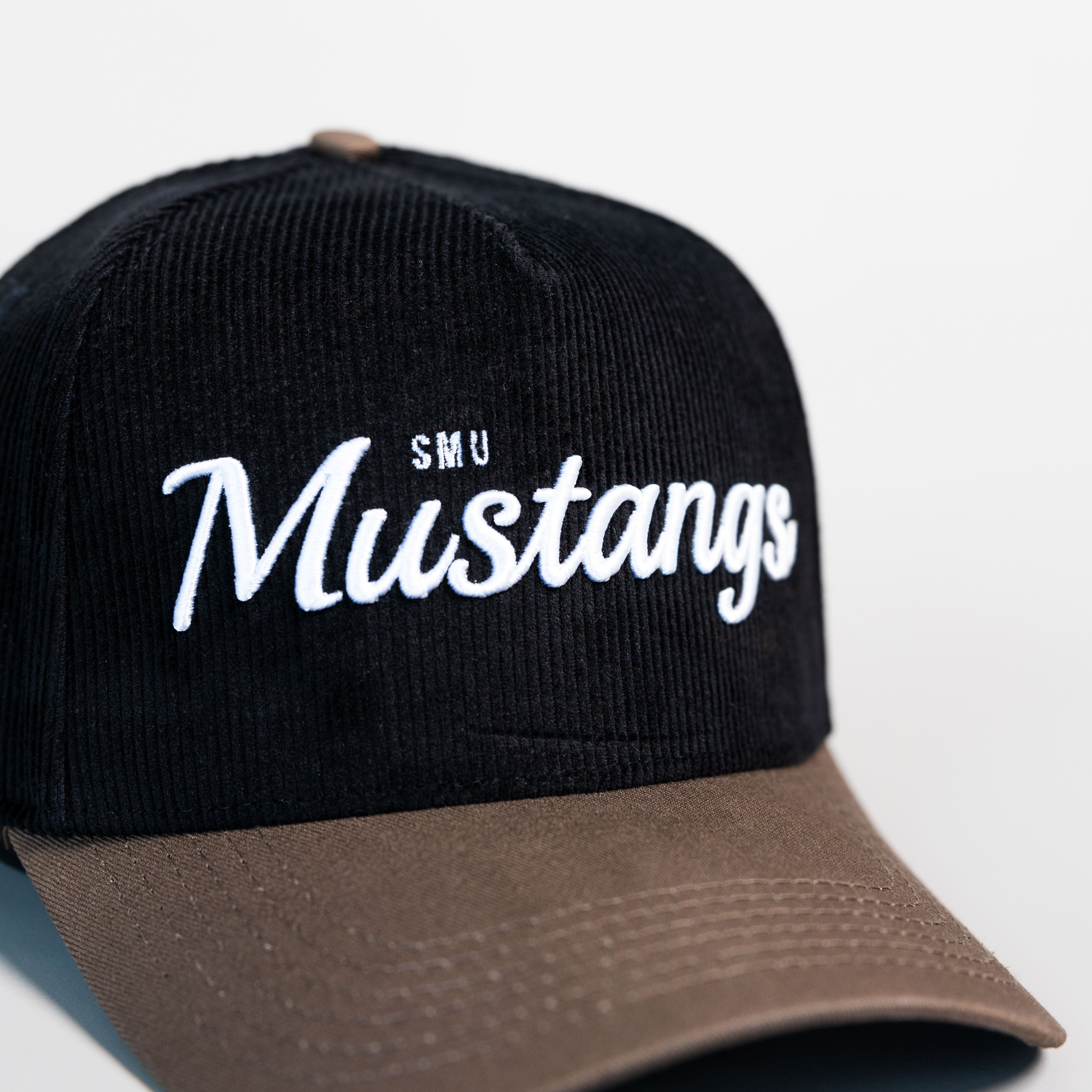 SMU Mustangs Hat Black Corduroy Brown Suede Brim Snapback Vintage Logo - Front Detail