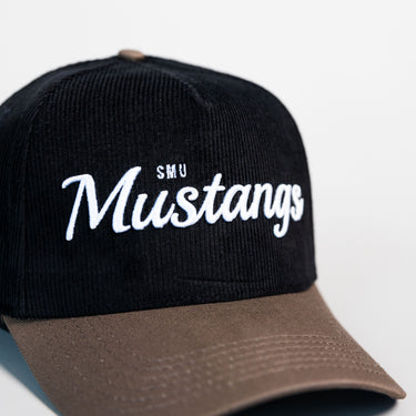 SMU Mustangs Hat Black Corduroy Brown Suede Brim Snapback Vintage Logo - Front Detail