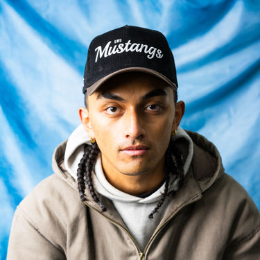SMU Mustangs Hat Black Corduroy Brown Suede Brim Snapback Vintage Logo - On Model Lifestyle