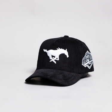 SMU Mustangs Hat Black Corduroy White Mustang Logo Side Patch Snapback - Angled View