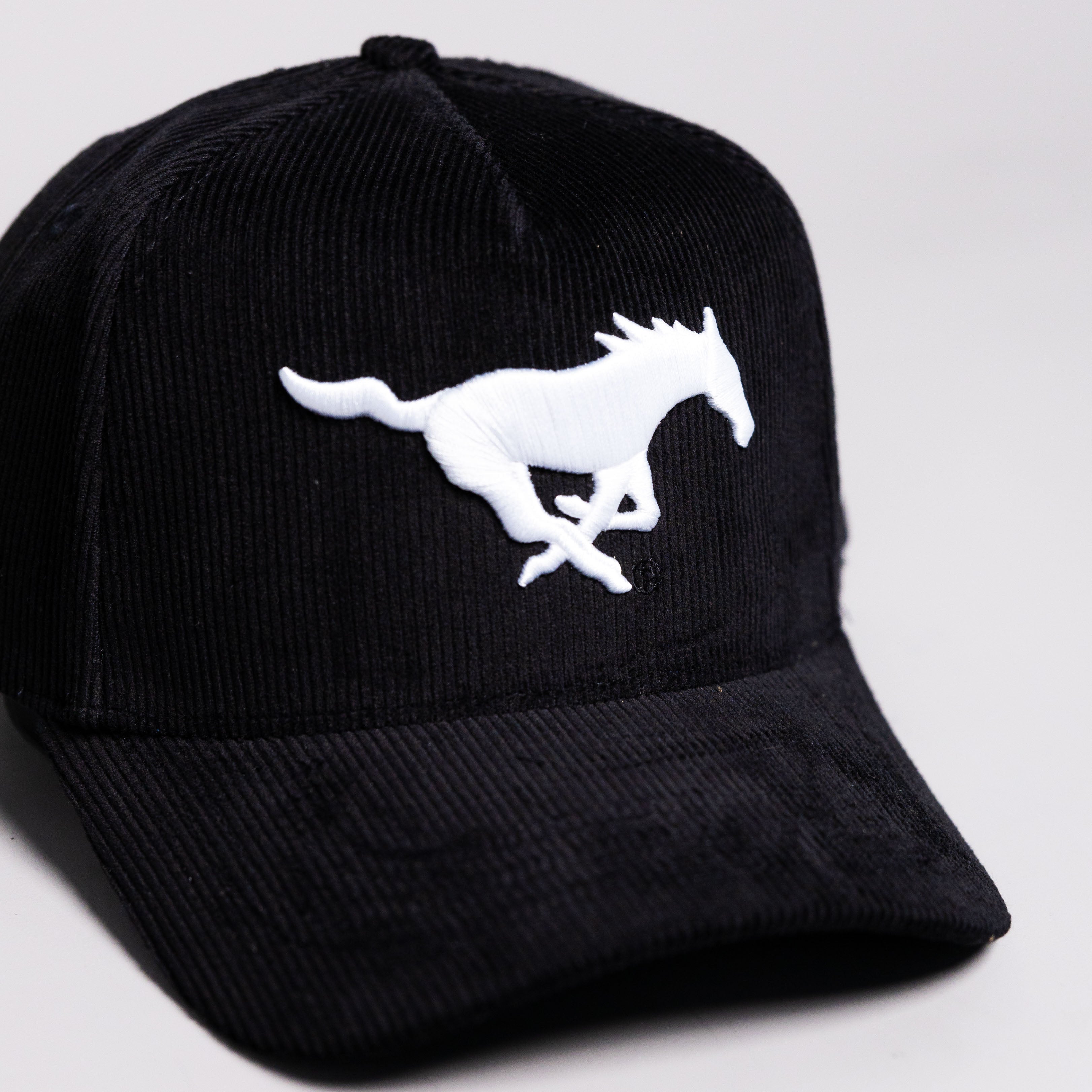 SMU Mustangs Hat Black Corduroy White Mustang Logo Side Patch Snapback - Front Detail