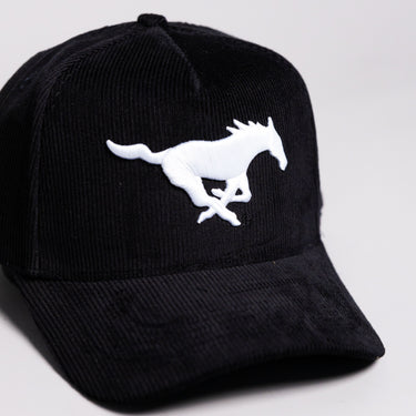 SMU Mustangs Hat Black Corduroy White Mustang Logo Side Patch Snapback - Front Detail