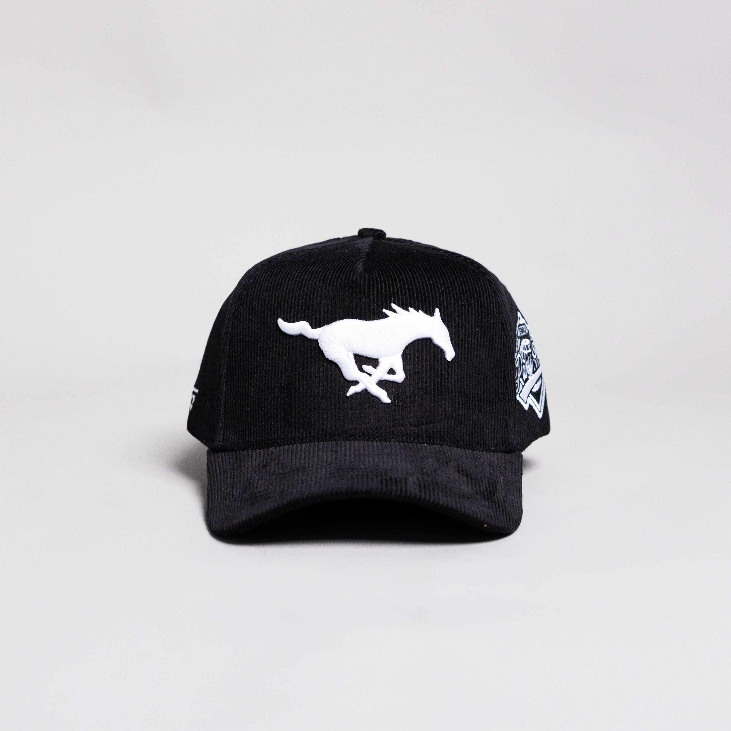 SMU Mustangs Hat Black Corduroy White Mustang Logo Side Patch Snapback - Front Panel