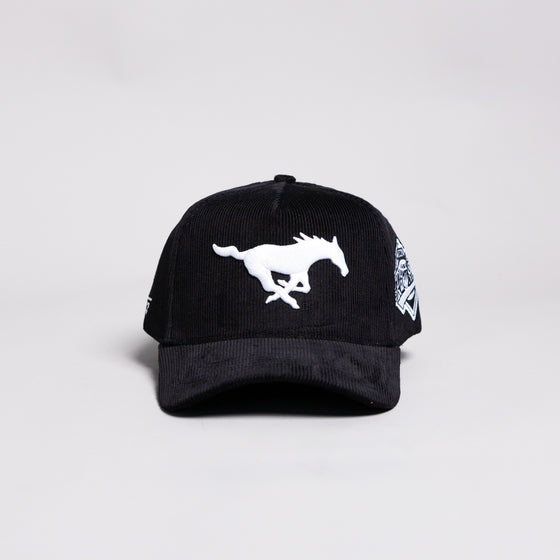 SMU Mustangs Hat Black Corduroy White Mustang Logo Side Patch Snapback - Front Panel