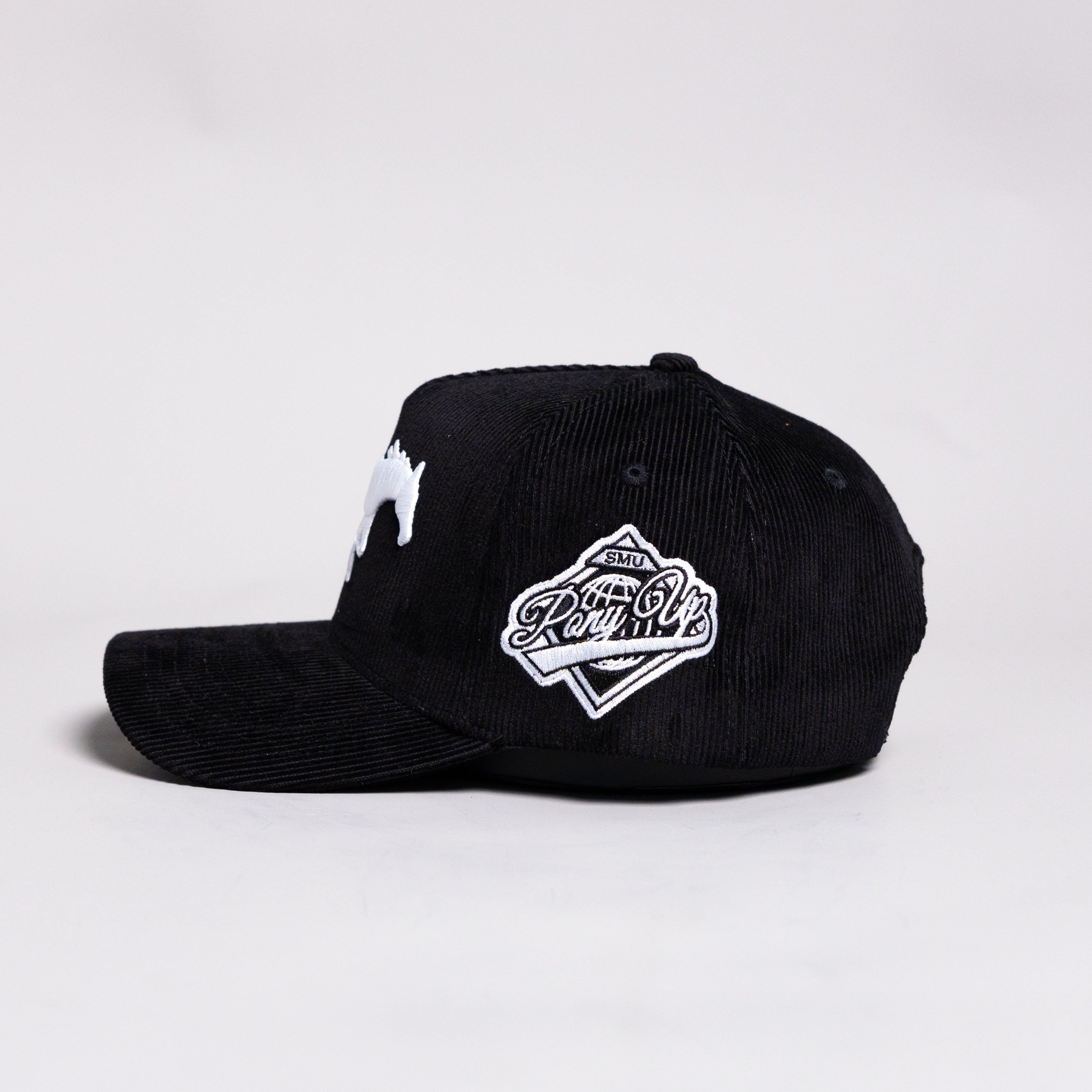 SMU Mustangs Hat Black Corduroy White Mustang Logo Side Patch Snapback - Side Patch