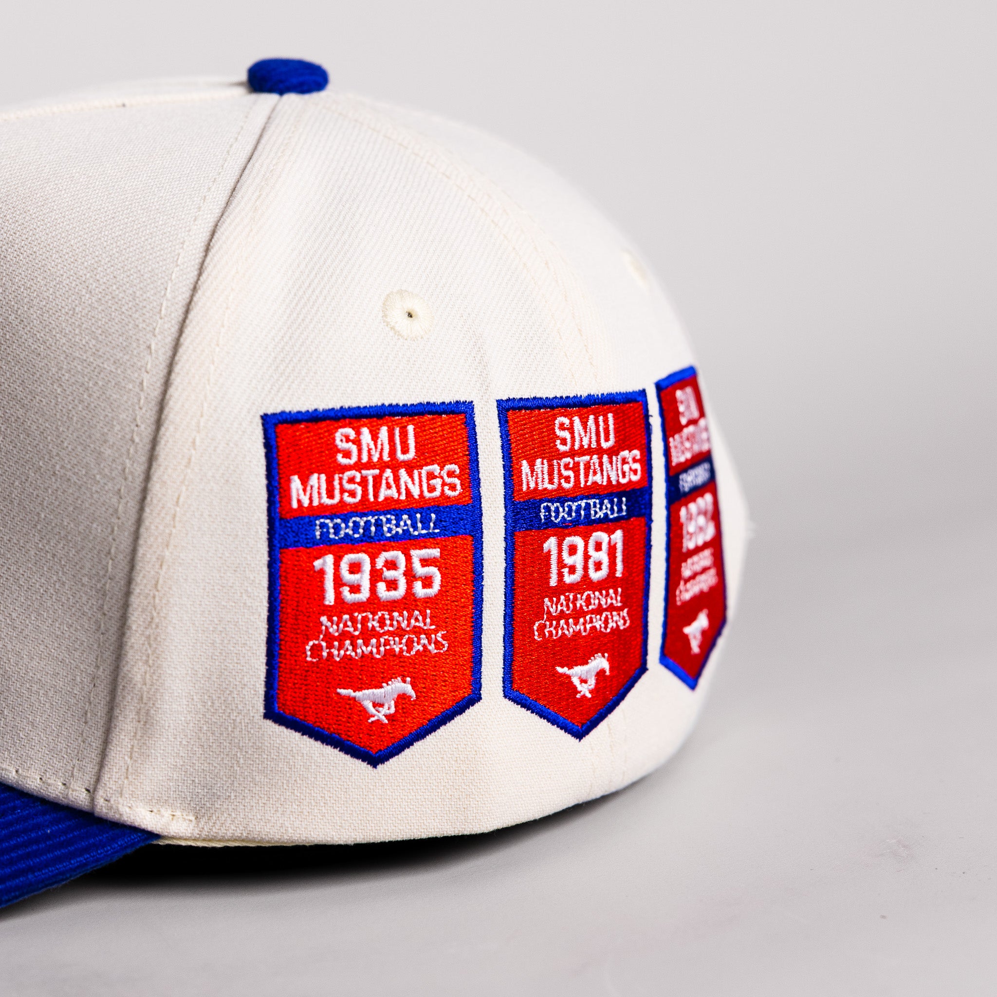 SMU Mustangs Hat Cream Cotton Royal Blue Corduroy Brim Championship Banners Snapback - Banner Embroidery Detail