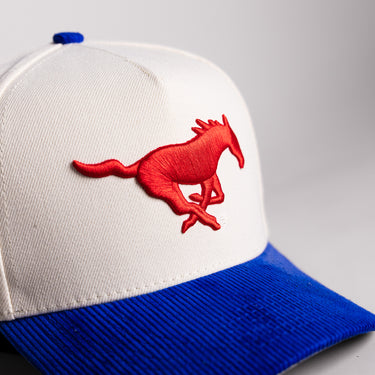 SMU Mustangs Hat Cream Cotton Royal Blue Corduroy Brim Championship Banners Snapback - Front Detail