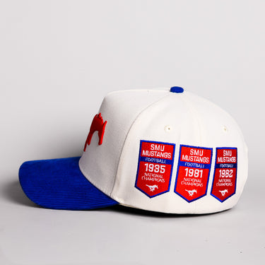 SMU Mustangs Hat Cream Cotton Royal Blue Corduroy Brim Championship Banners Snapback - Side Championship Banners