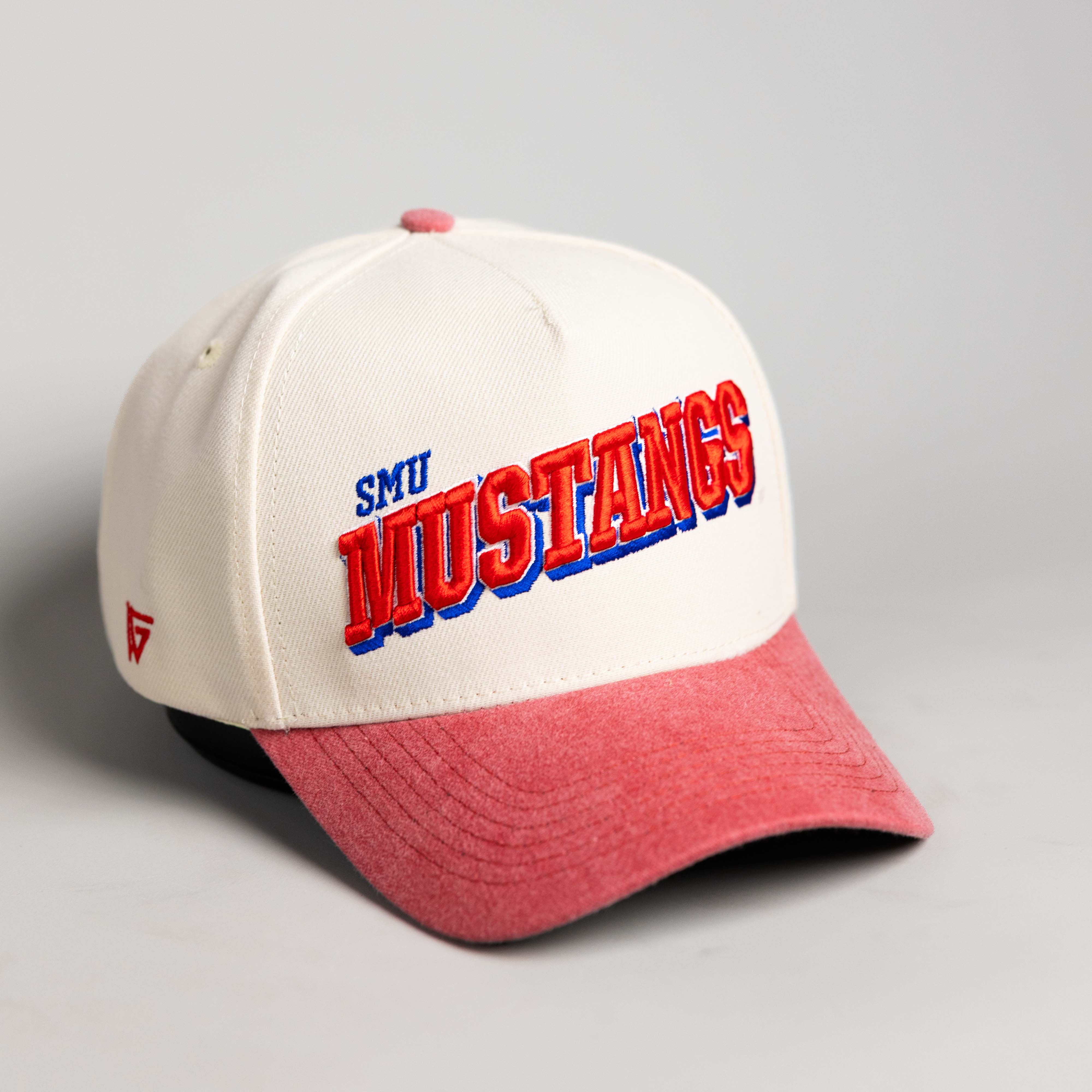 SMU Mustangs Hat Cream & Red Sun Fade Snapback - Angled View