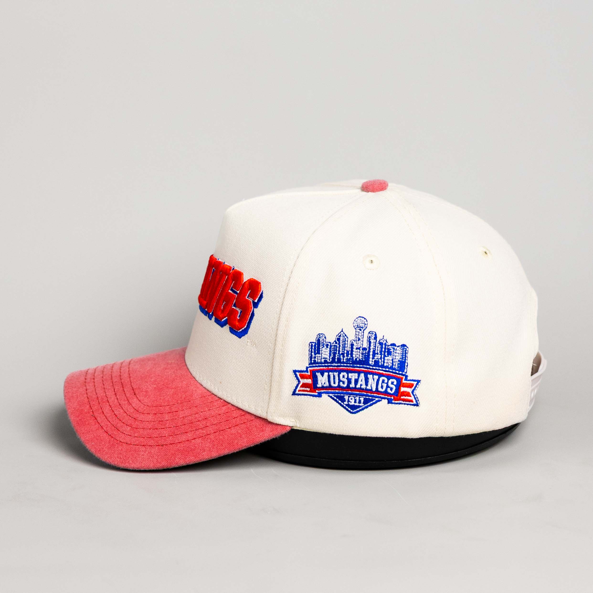 SMU Mustangs Hat Cream & Red Sun Fade Snapback - Side Stadium