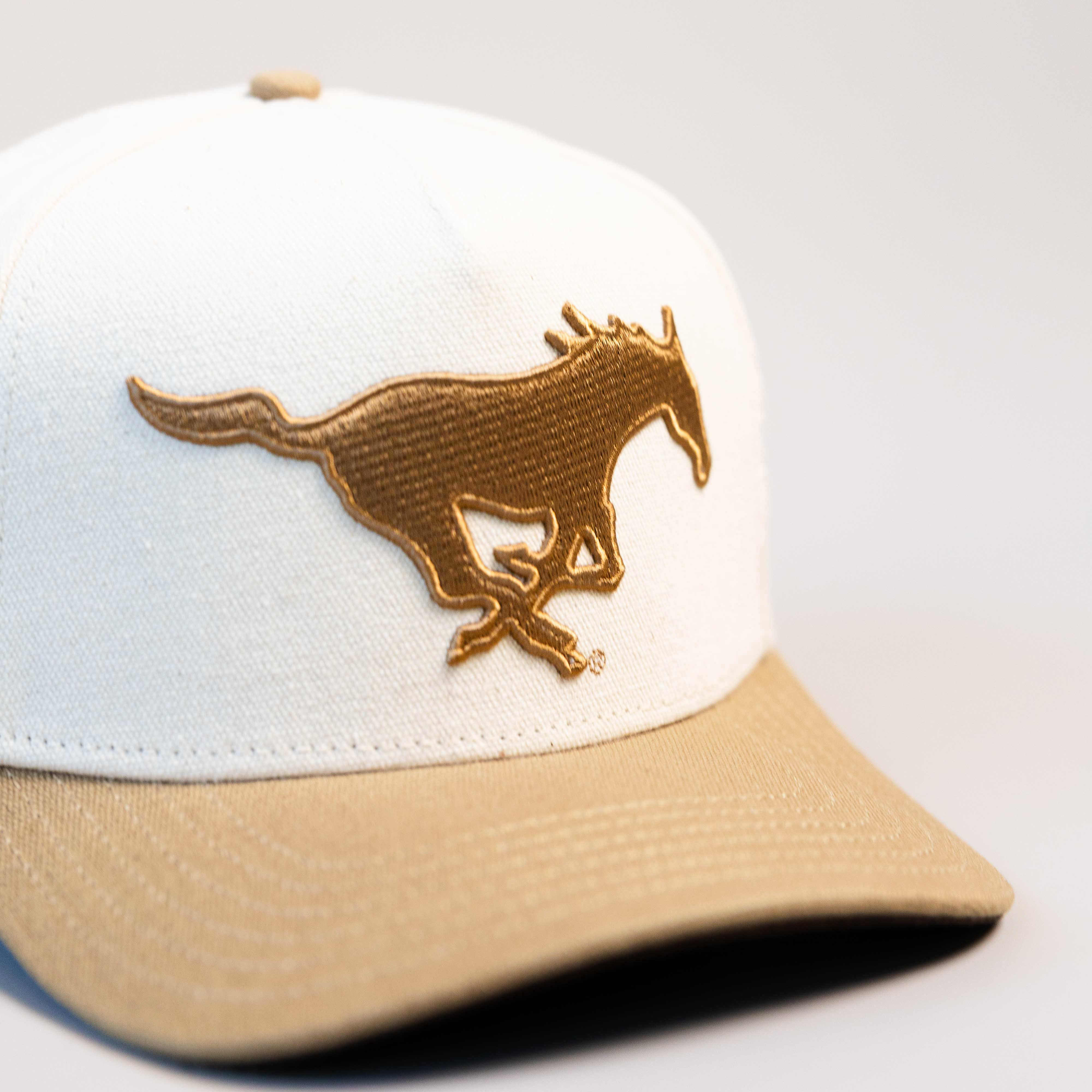 SMU Mustangs Hat Cream & Tan Jobsite Snapback - Front Detail