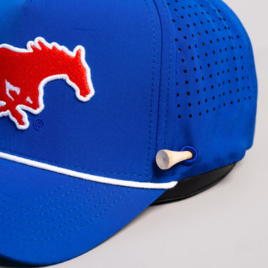 SMU Mustangs Hat Royal Blue Tee Box Performance - Front Detail Angled