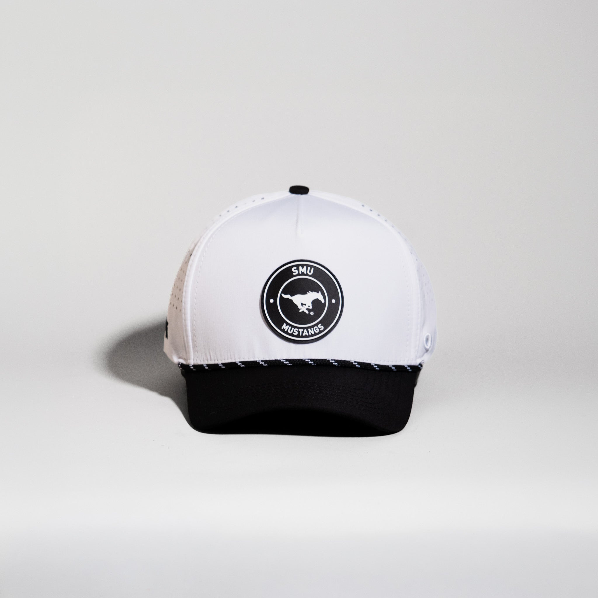 SMU Mustangs Hat White & Black Tee Box Performance Rope - Front Panel