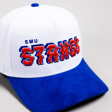 SMU Mustangs Hat White & Royal Blue Corduroy Stadium Pulse Snapback - Front Detail
